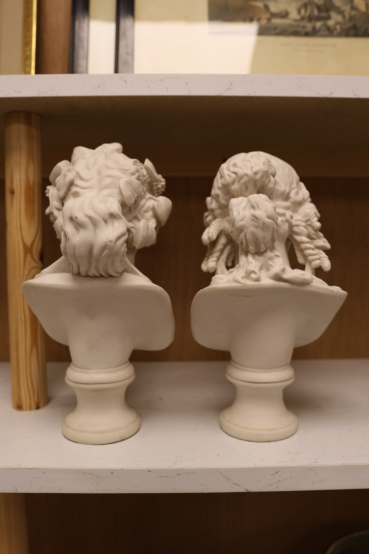 Two Parian ware style composition busts, signed on back, tallest 29cm high. Condition - good